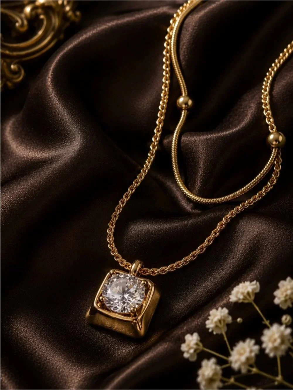 Gold Toned Pendant Necklace with Clear Stone
